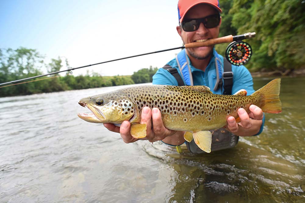 Fly fisherman holding a trout