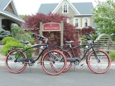 bicycles standing next to the Emerson Resort Welcome sign