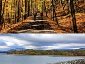 Two images. Cyclists on trail in autumn. River view.