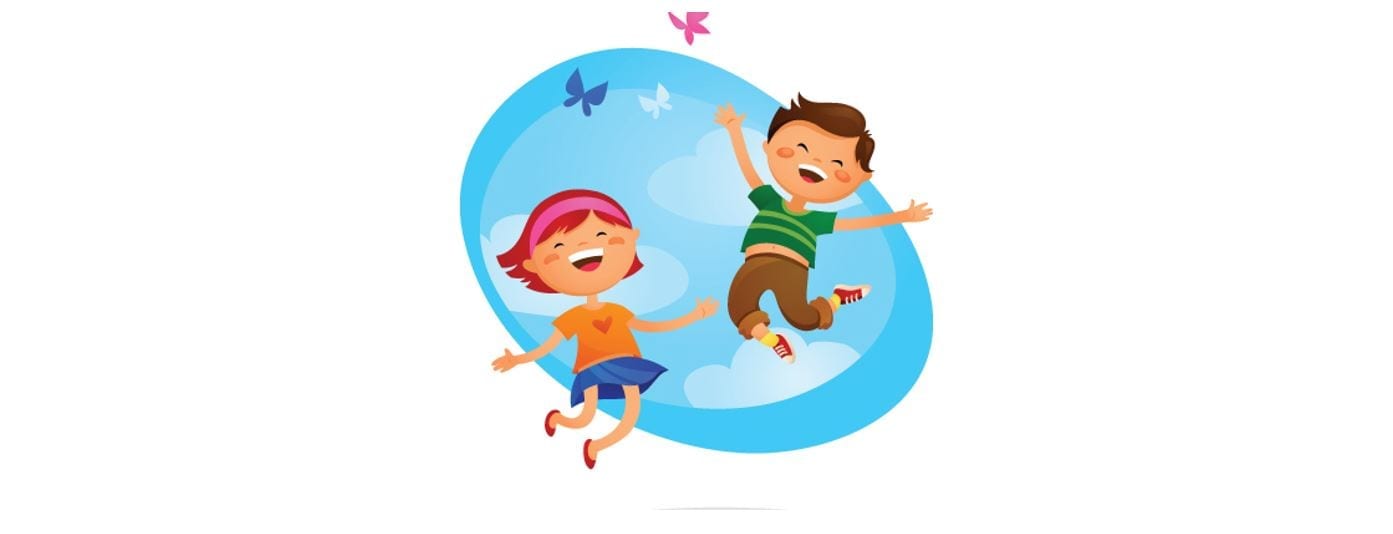 Illustration of boy and girl jumping and smiling